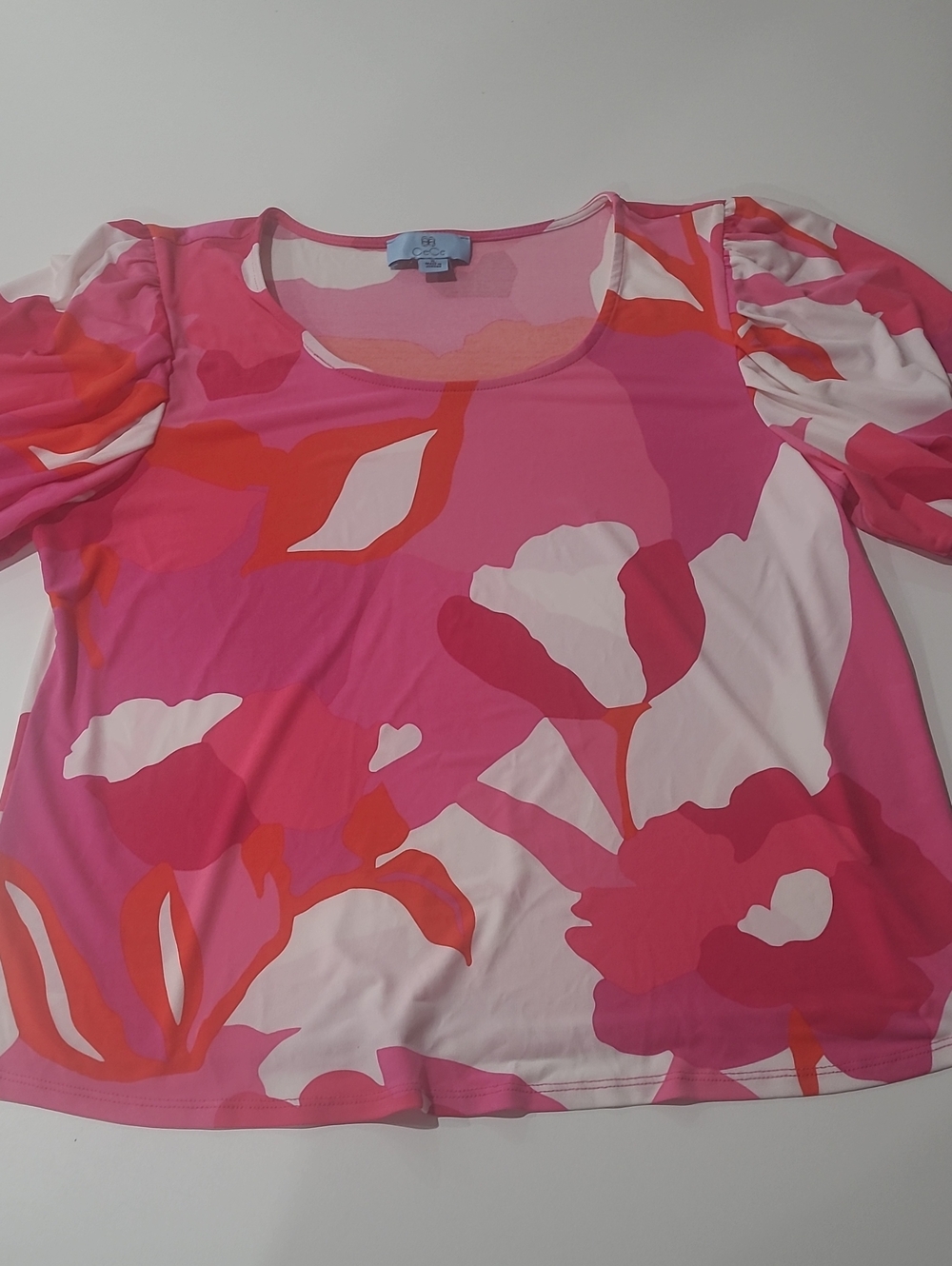 CeCe Pink Floral Puff-Sleeve Blouse with Orange Accents
